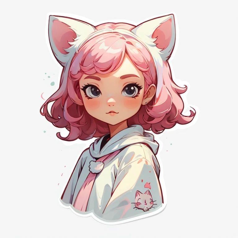 ((stickers)), masterpiece, Beautiful, (portrait), ,1 girl,simple background,pink hair,white clothes,white cat ears