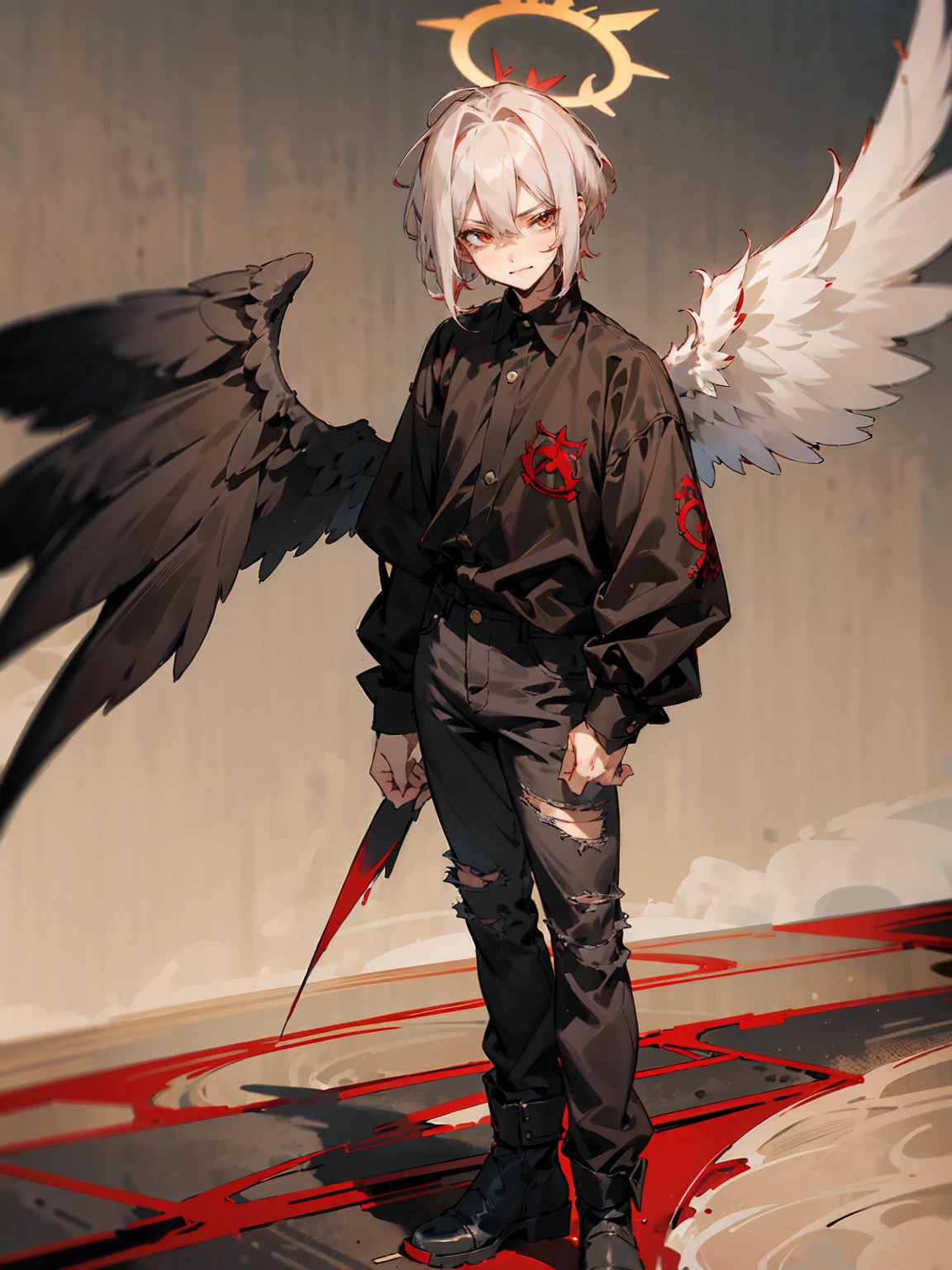 1male, Adult, Two Tone Hair, Crimson and White Hair, Short Hair, Undercut Hair, Red Angel Halo, Black Wings, Golden Eyes, Smirk, Black Flannel Shirt, Black Ripped Jeans, Standing On Path