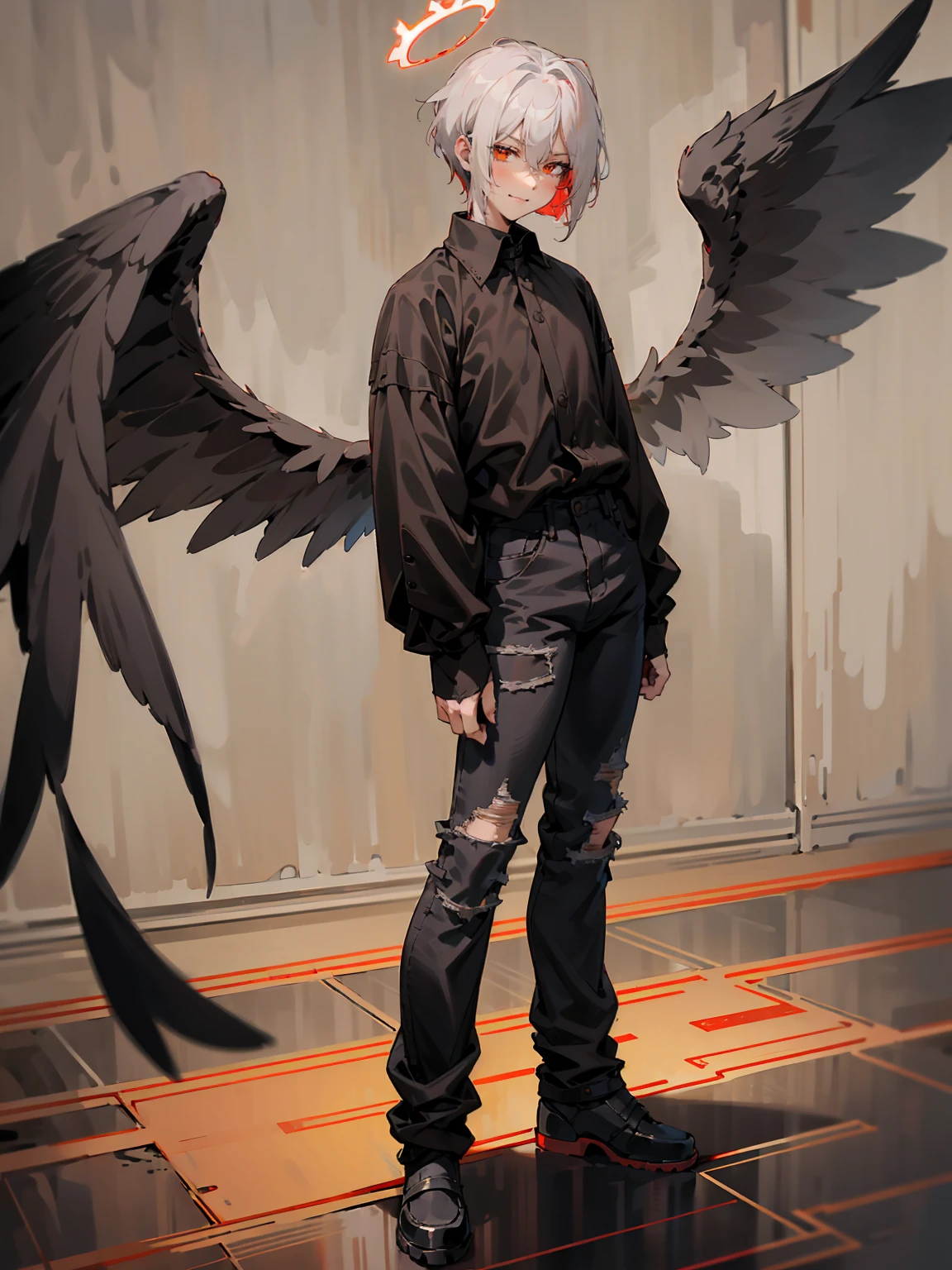 1male, Adult, Two Tone Hair, Crimson and White Hair, Short Hair, Undercut Hair, Red Angel Halo, Black Wings, Golden Eyes, Smirk, Black Flannel Shirt, Black Ripped Jeans, Standing On Path