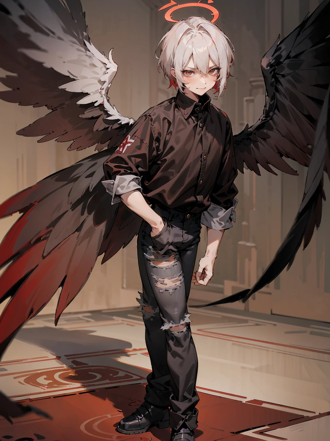 1male, Adult, Two Tone Hair, Crimson and White Hair, Short Hair, Undercut Hair, Red Angel Halo, Black Wings, Golden Eyes, Smirk, Black Flannel Shirt, Black Ripped Jeans, Standing On Path