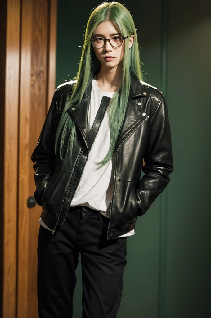 man, Glasses, Long green hair, Red Eyes, Leather, Hands in pockets