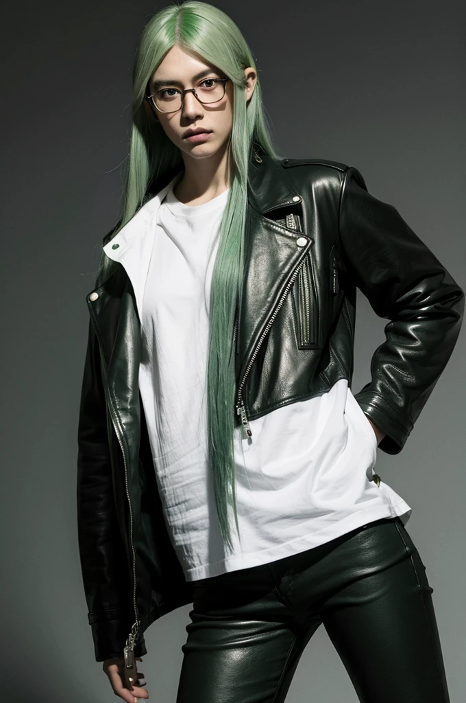 man, Glasses, Long green hair, Red Eyes, Leather, Hands in pockets