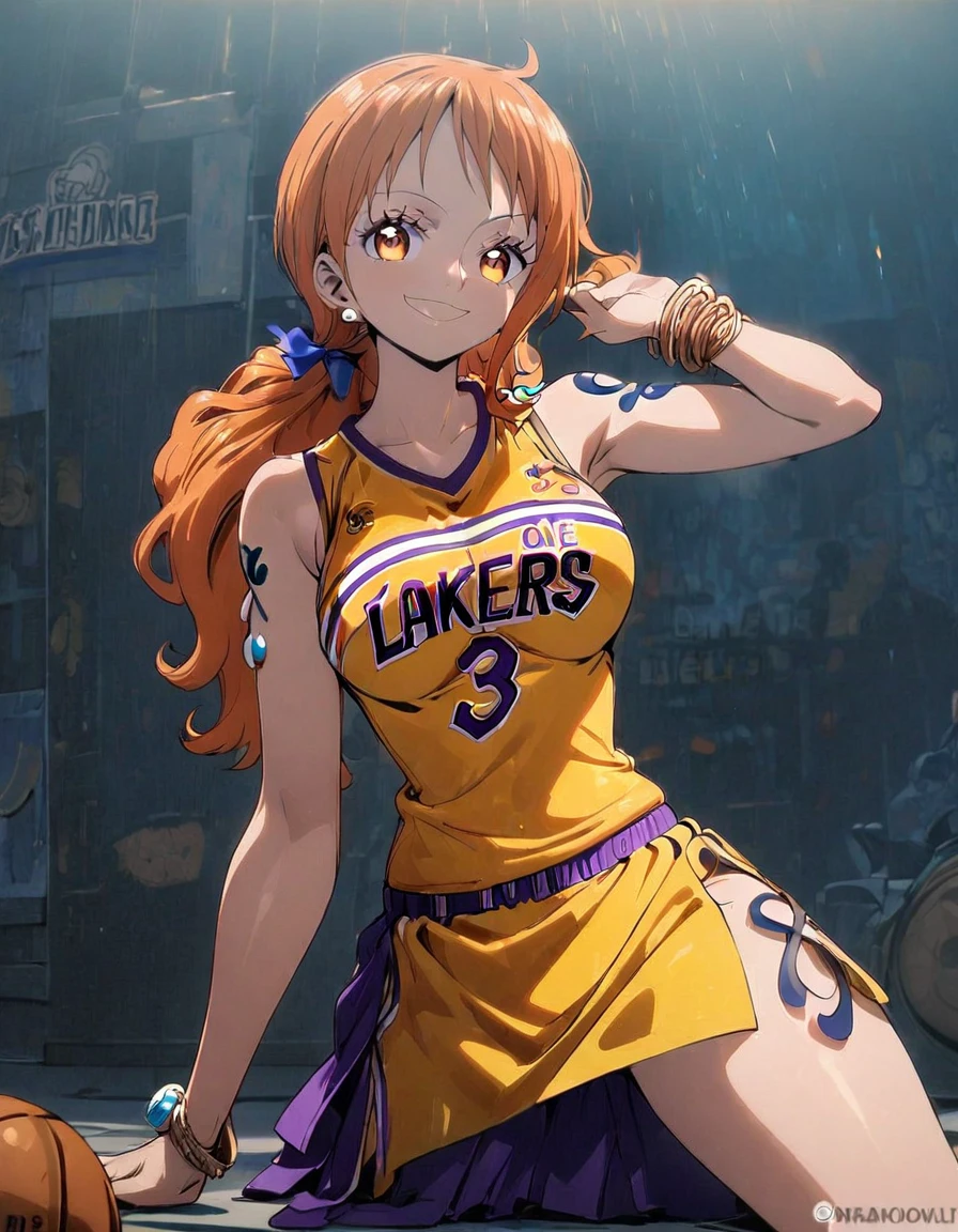 1girl, female focus, nami \(one piece\), sitting on floor, lakers jersey, yellow jersey, medium shot, glowing, glowing eyes, jersey, basketball player, solo, smile, orange hair, (masterpiece), best quality, very aesthetic, perfect face