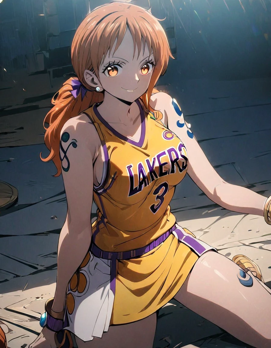 1girl, female focus, nami \(one piece\), sitting on floor, lakers jersey, yellow jersey, medium shot, glowing, glowing eyes, jersey, basketball player, solo, smile, orange hair, (masterpiece), best quality, very aesthetic, perfect face