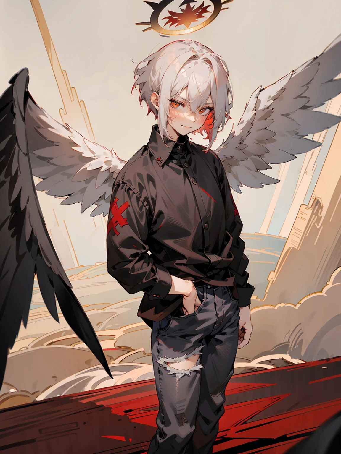 1male, Adult, Two Tone Hair, Crimson and White Hair, Short Hair, Undercut Hair, Red Angel Halo, Black Wings, Golden Eyes, Smirk, Black Flannel Shirt, Black Ripped Jeans, Standing On Path