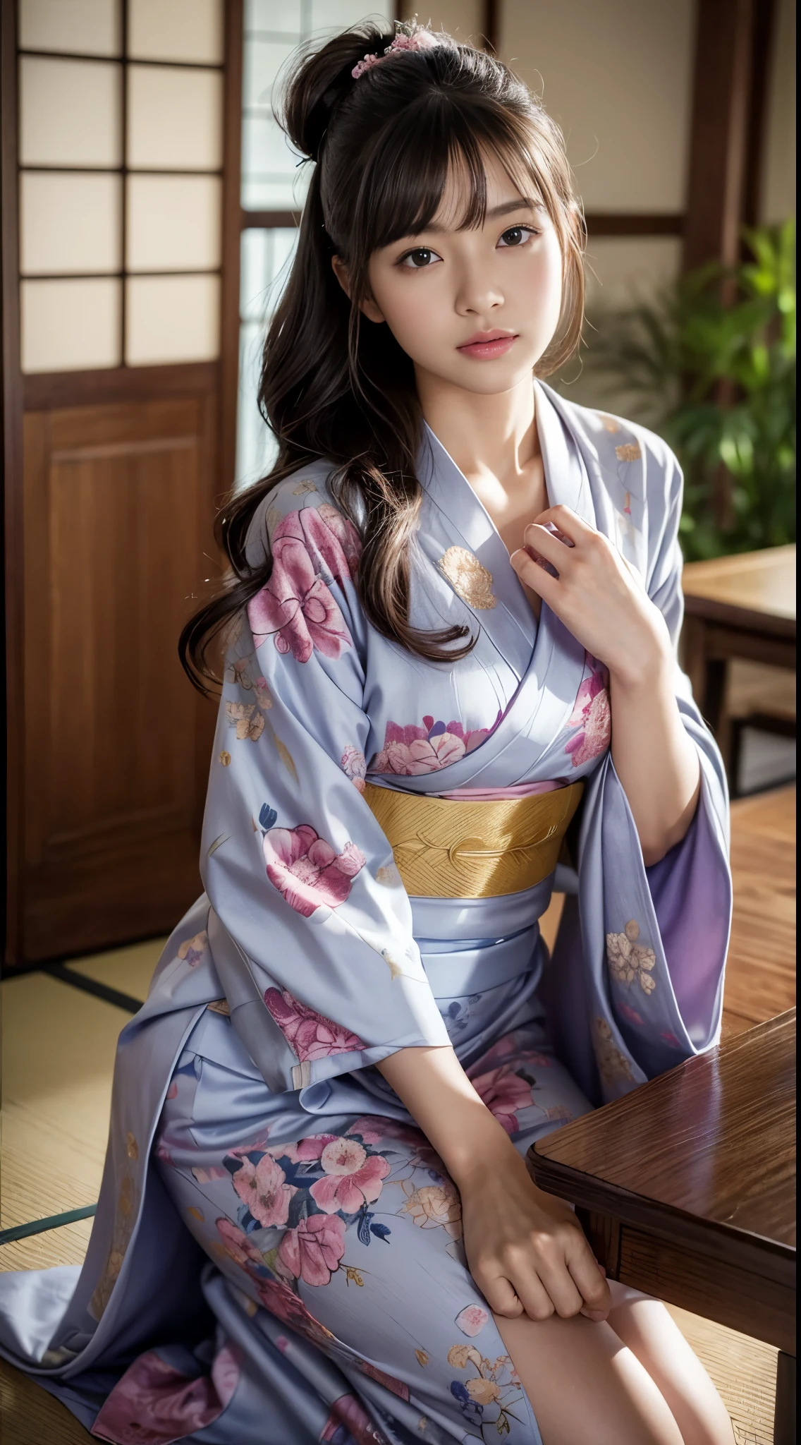 (Photorealistic:1.4), (Top image quality:1.0), (超High resolution:1.0), 8K, Raw photography, (masterpiece:0.2), (Purelos Face_v1:0.5)、(最高quality Detail:1.2)、Realisticな、8K UHD、High resolution、(One Girl:1.2)、超detailedな、High quality textures、Intricate details、detailed、非常にdetailedなCG、High quality shadows、detailed 美しく繊細な顔、detailed 美しく繊細な目、Depth of written boundary、Ray Tracing,One Girl, Japanese girl, cute, thin, Japanese patterned kimono,Floral scrunchie, Beautiful Skin, Look forward,please sit down, Sit up straight「thank you」says,Put your hands together gracefully,The land of Japan smiling faintly,Japanese garden,Luxurious Japanese-style room, Magic Hour, (Realistic:1.3), 細かくdetailedに, quality, (Tabletop:1.2), (Realistic:1.2), (最高quality), (Intricate details), dramatic, Ray Tracing, photograph, +roller