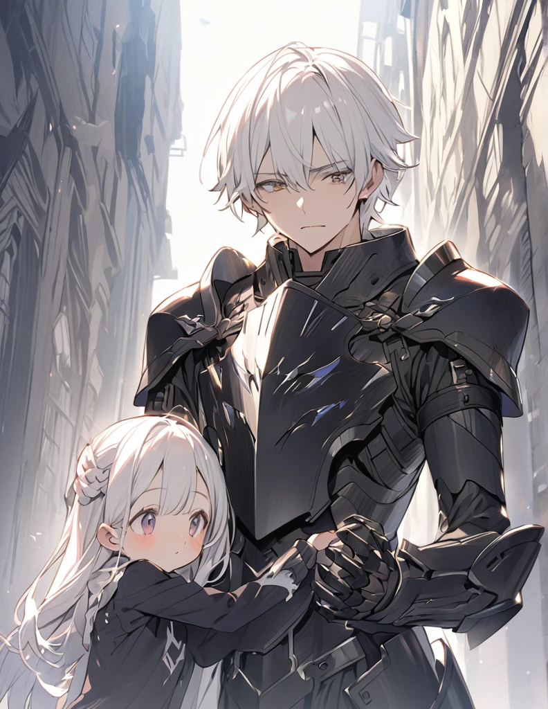 A man in black armor holding a girl with short white hair