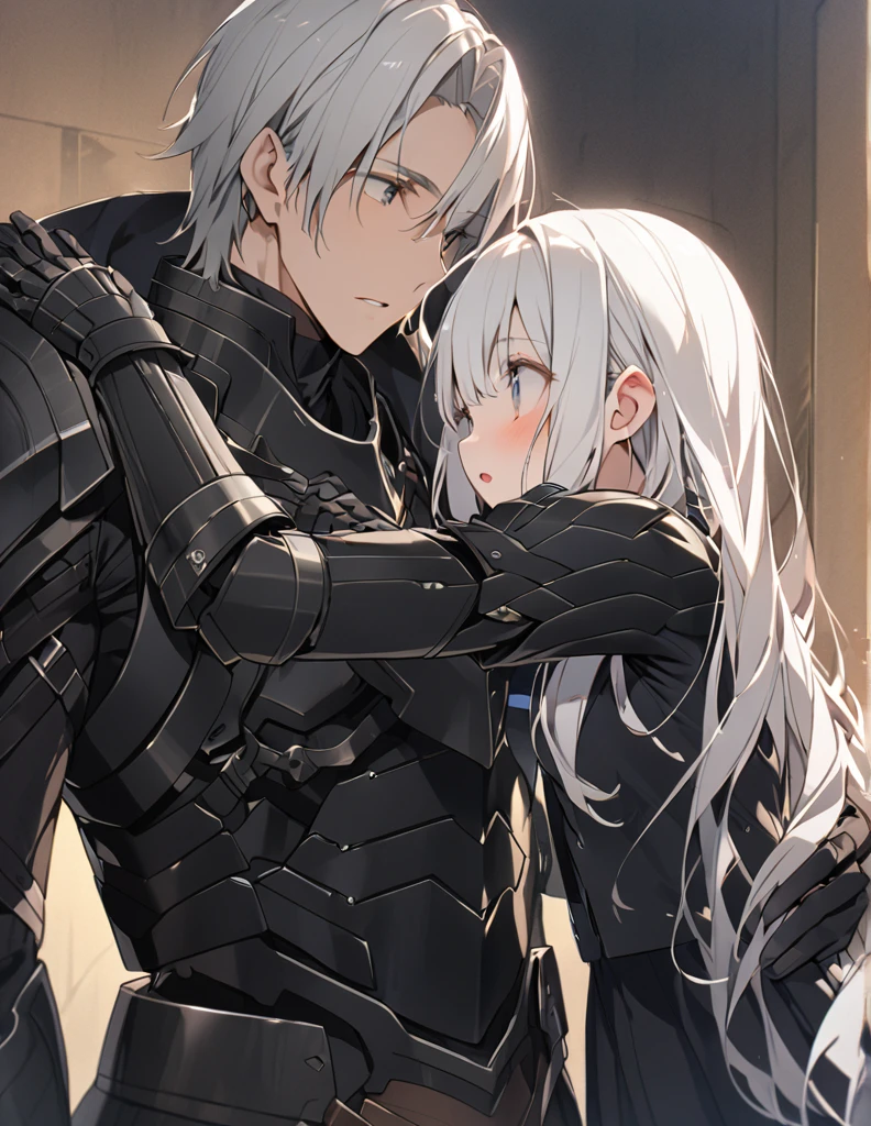 A man in black armor holding a girl with short white hair