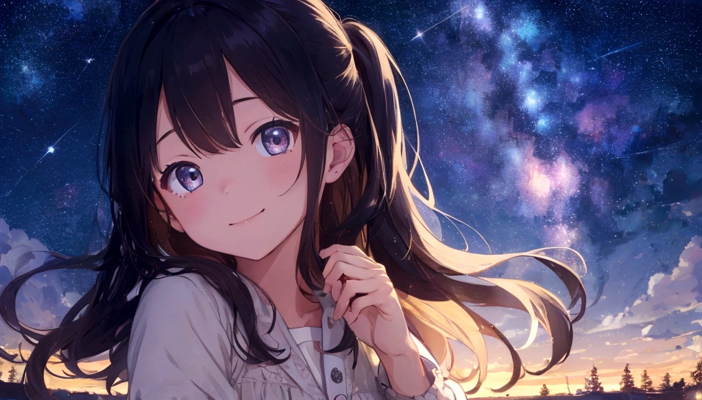 Raw work、Better Quality、Movie Photos、One girl、r、Starry Sky、Floating in the sky、Hmm、Close-up、Light、happiness、Soft lighting and warmth、(spark:0.7)
