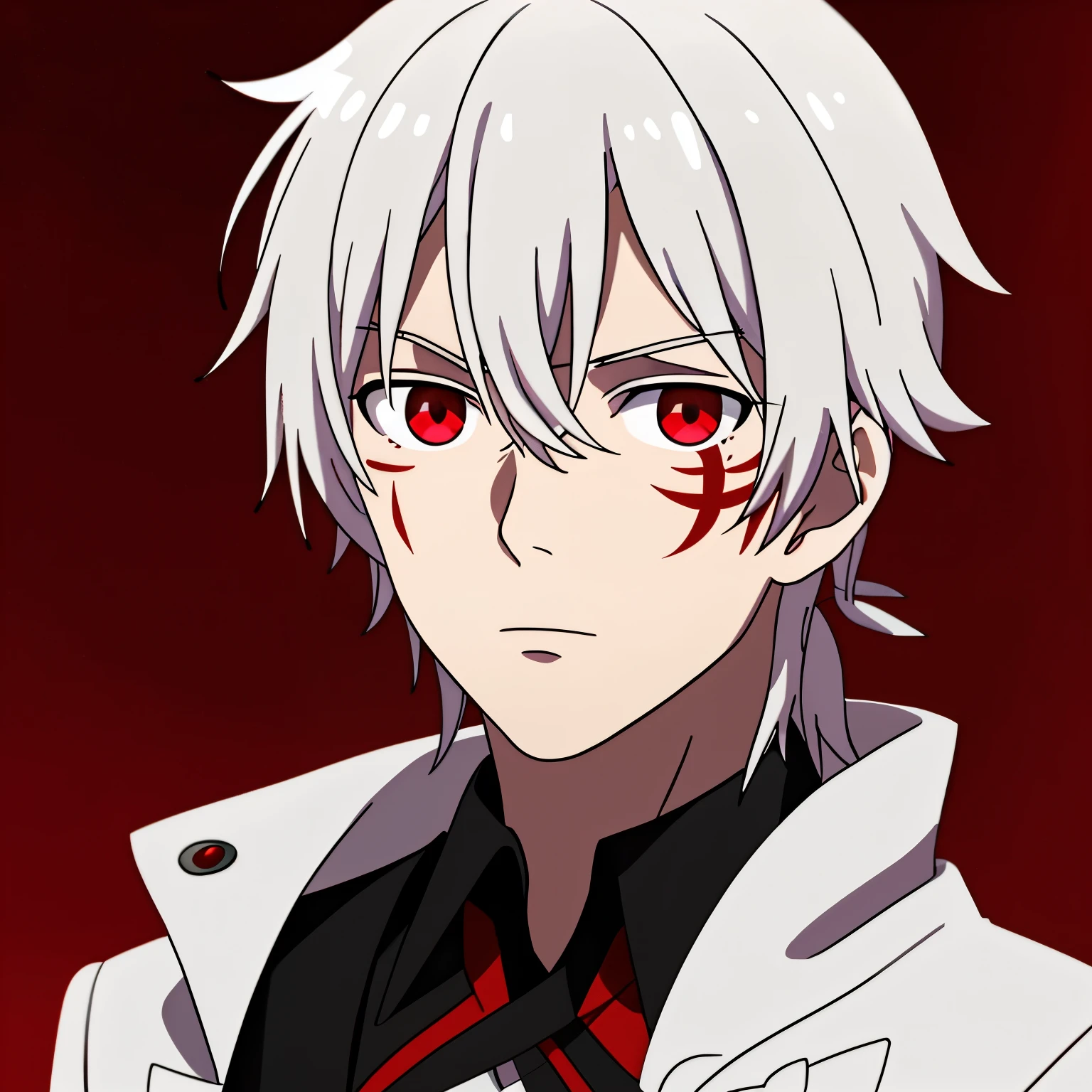 (high-quality, breathtaking),(expressive eyes, perfect face) portrait, Symmetrical Eyes, 1boy, male, teenager, solo, looking at viewer, portrait, red background, soft eerie dark red lighting background, allen walker, red eye color, white hair, scar, facial mark, halfbody shot, low ponytail, neutral expression, charming, black jacket purple inside jacket, hood, red trim
