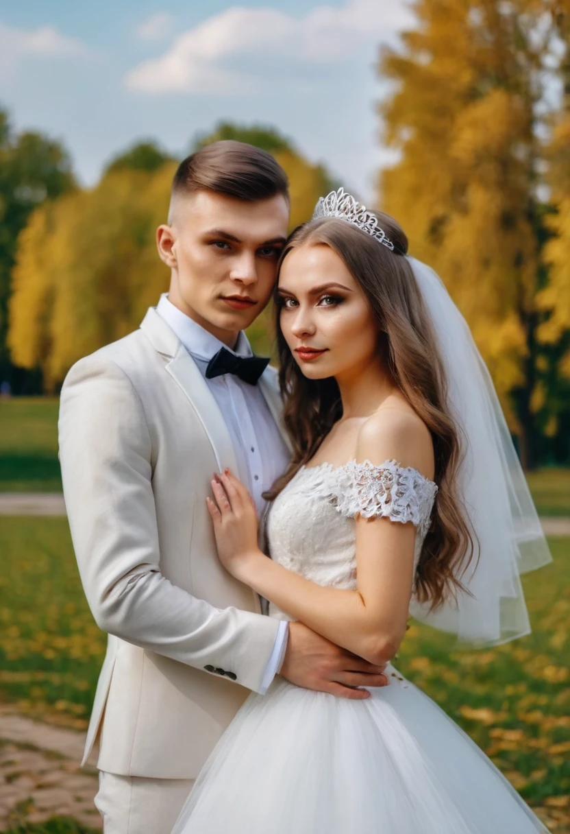 A vivid high-quality photo depicting a young Slavic couple of newlyweds, a brutal groom and a charming bride, against the background of a park