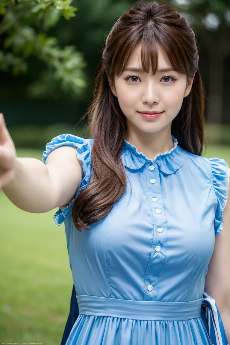 Medium Size Display, Medium Shot, Written boundary depth, Photograph the whole body, Movie angle,Action pose、masterpiece, Highest quality, Very detailed, CG, 8k wallpaper, Beautiful Face, Delicate eyes, Otome, alone, smile, cute、Sky blue patterned dress