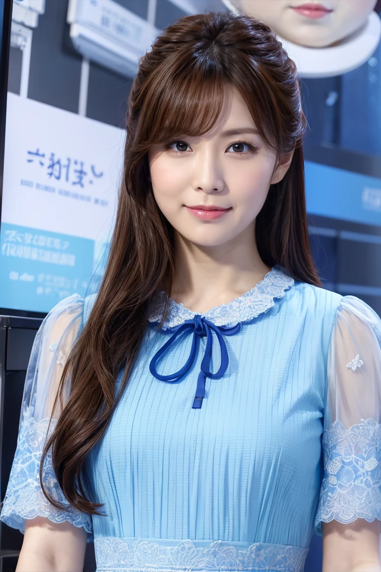 Medium Size Display, Medium Shot, Written boundary depth, Photograph the whole body, Movie angle,Action pose、masterpiece, Highest quality, Very detailed, CG, 8k wallpaper, Beautiful Face, Delicate eyes, Otome, alone, smile, cute、Sky blue patterned dress