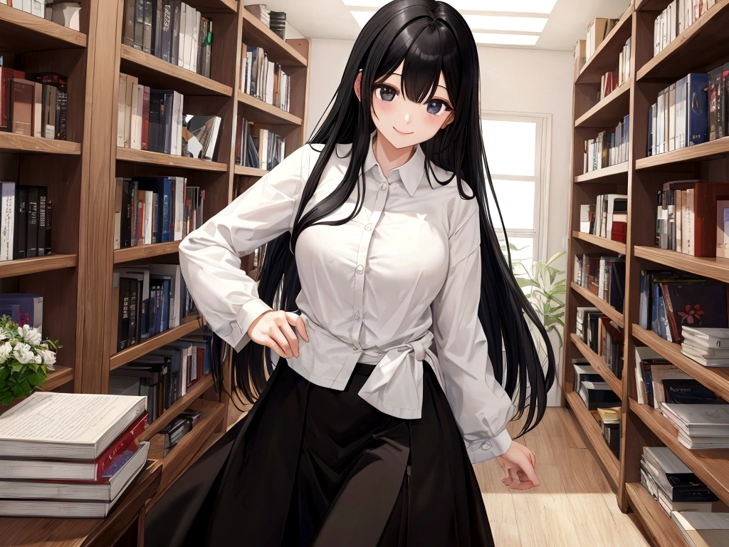 Black Hair、woman、Straight Hair、Bookshelf、White shirt、skirt、smile、black eye、