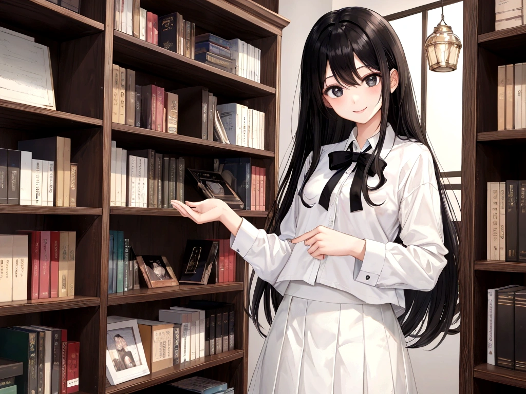 Black Hair、woman、Straight Hair、Bookshelf、White shirt、skirt、smile、black eye、