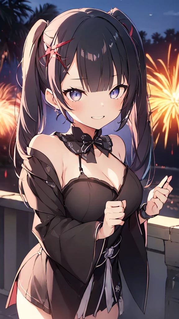 prompt（Re-adjusted version）
beautiful, masterpiece, Highest quality, HiqCG Body, anime, (1 Girl:1.5), (Small breasts:1.2), Portrait Shot, View your viewers, Wet Skin, Intricate details, Little Woman, Her eyes were shining like dreamy stars.,(Shining Eyes:1.3),(Beautifully detailed eyes:1.1)、[[Delicate fingers and hands:0.55]::0.85],(Detailed reference),(Thick black hair, Eyes are bright purple,(Sharp Eye:1.3), (tsurime:1.5), Twin tails,Straight Hair,(Asymmetrical bangs:1.2),(Blunt Bangs:1.3), (hairpin:1.2), Young face,Childlike,Small devil,Succubus,Vampire,Double teeth,Small corner),(kimono),Dynamic Pose,(yandere:1.1),(yandere smile:1.3),(smirk:1.3) ,Cleavage,High angle shot、(night:1.4)、(full moon:1.1),Focus on the chest,(Shake your head:1.2), Thick black hair, kimono, firework