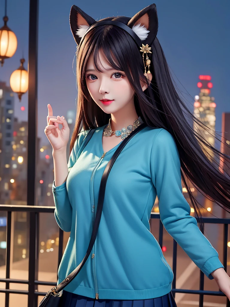 WZRY DajiJW,1 Girl, Mature female, Looking at the audience, city View, night, permanent, skirt,Animal ears, Hair accessories, cosmetic,  
