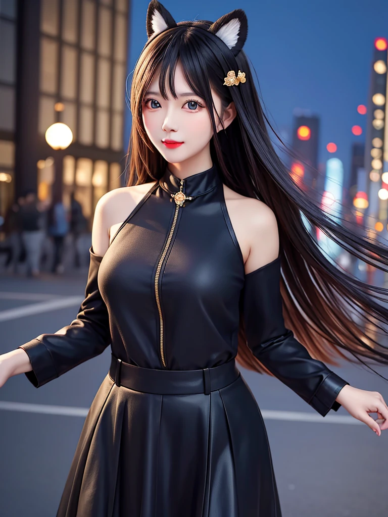 WZRY DajiJW,1 Girl, Mature female, Looking at the audience, city View, night, permanent, skirt,Animal ears, Hair accessories, cosmetic,  