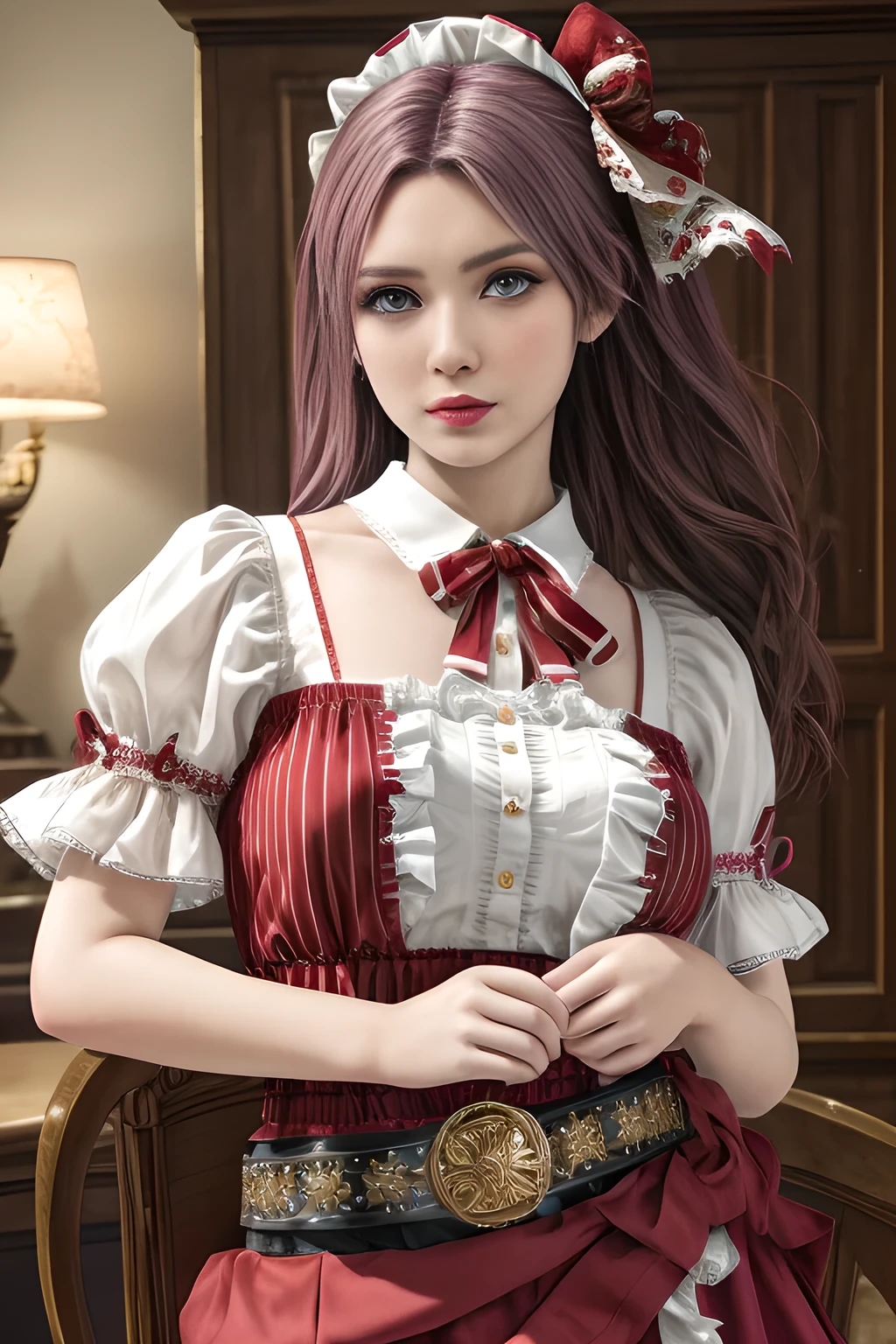1girl,wearing a traditional-style outfit with a rich historical and folk-inspired aesthetic. Her white blouse features ruffled details and intricate embroidery, with red and white striped sleeves and ribbon embellishments on the upper arms. The red skirt is adorned with pleats and lace trims, and a brown belt with floral decorations and tassels wraps around her waist, adding a touch of authenticity to the look. The overall outfit exudes a sense of timeless charm and cultural heritage, ,beautiful detailed eyes, beautiful detailed lips, extremely detailed eyes and face, long eyelashes, (best quality,4k,8k,highres,masterpiece:1.2), ultra-detailed, (realistic,photorealistic,photo-realistic:1.37), sharp focus, vivid colors, HDR, studio lighting, physically-based rendering,elise