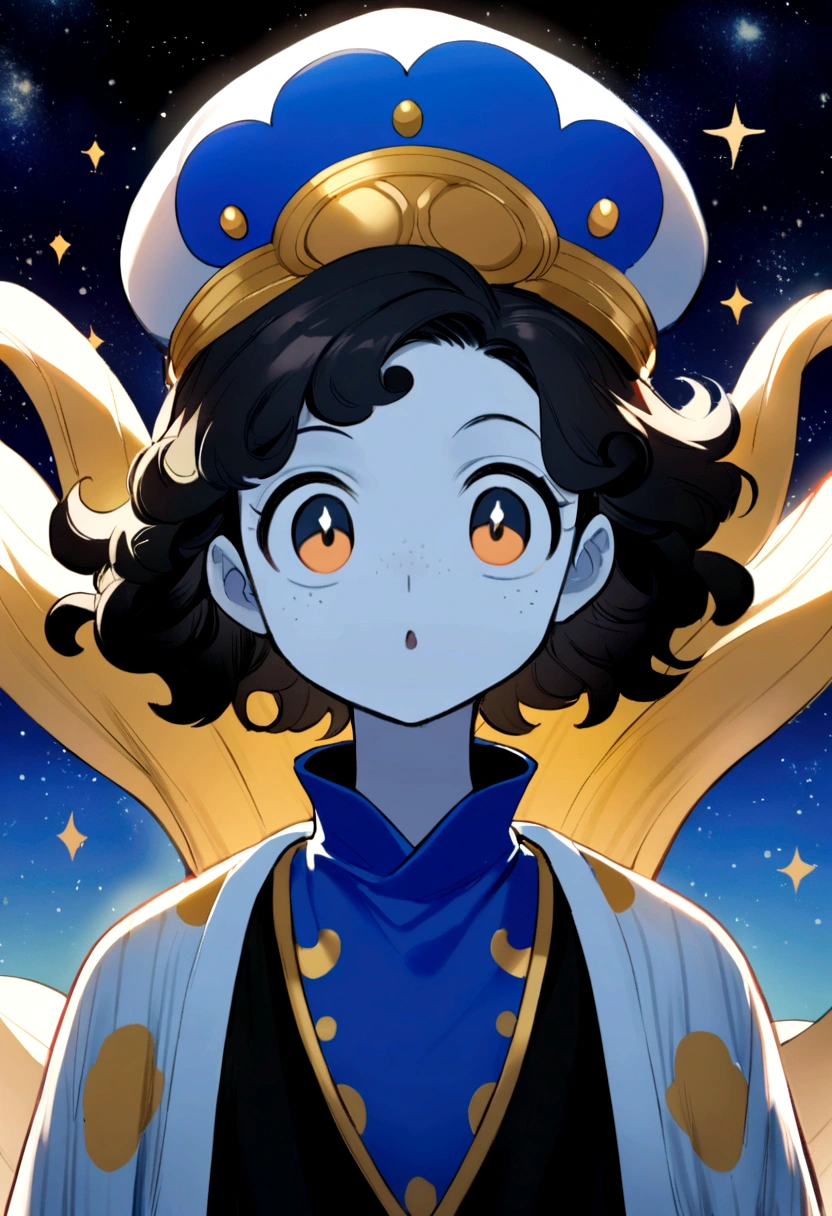 1 chico , cheered up , from onepiece , looking at the sky in amazement ,half body , looking at the stars , short wavy black hair , white skin with slight freckles , neutral eyes without shine royal blue color , black shirt , gray open sweater , white cap with small gold stones on the sides