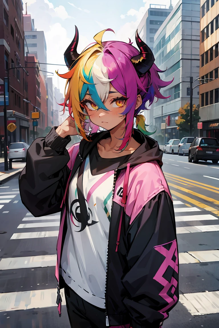 Rainbow Messy Hair ,Multicolored Hair, Golden Eyes, Bull Horns , Undercut Hair , Tan Skin , , Modern City Background , Standing on sidewalk , Hair over eyes