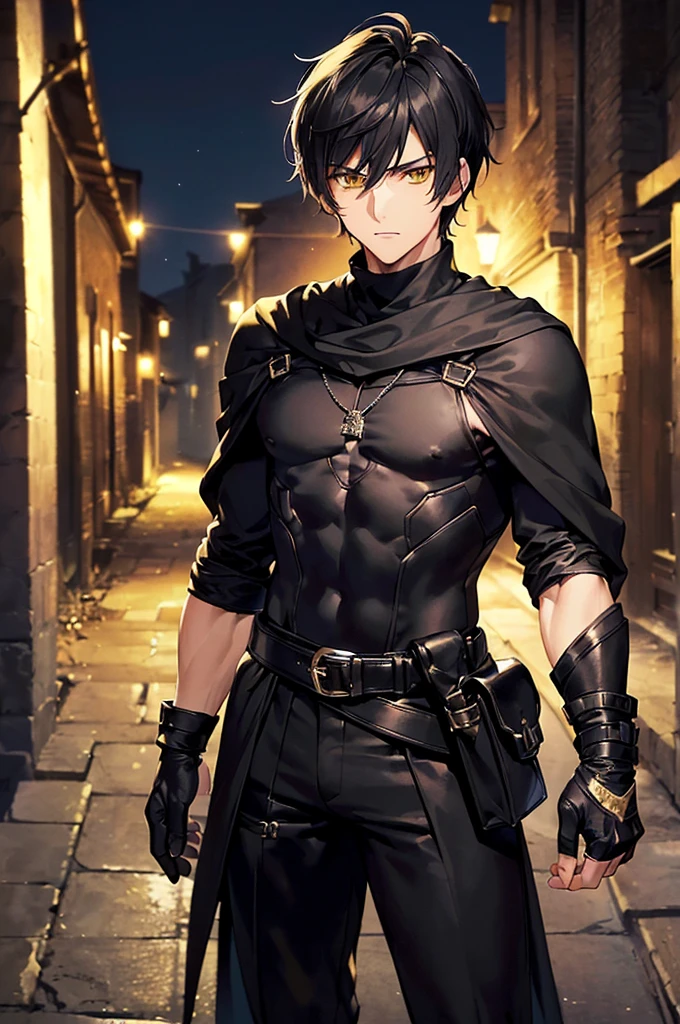 (masterpiece; best quality: 1.2), (finely detailed eyes: 1.3), ((25 year old man)), ((solo)), (yellow eyes: 1.4), (body; lithe, toned, masculine: 1.3), (very short black hair: 1.3), (beautiful and clear background: 1.2), ((depth of field)), (clothes: black assassin attire + black turtleneck shirt + black pants + black fingerless gloves + black cloak + belts + traveler pouches and satchel: 1.3), (anime illustration: 1.2), (background; medieval slums alleyway + night: 1.1), (extremely fine and handsome: 1.1), (shot composition; standing + centered on torso + close-up: 1.5), (expression; calm, stoic: 1.2)