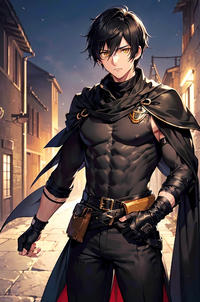 (masterpiece; best quality: 1.2), (finely detailed eyes: 1.3), ((25 year old man)), ((solo)), (yellow eyes: 1.4), (body; lithe, toned, masculine: 1.3), (very short black hair: 1.3), (beautiful and clear background: 1.2), ((depth of field)), (clothes: black assassin attire + black turtleneck shirt + black pants + black fingerless gloves + black cloak + belts + traveler pouches and satchel: 1.3), (anime illustration: 1.2), (background; medieval slums alleyway + night: 1.1), (extremely fine and handsome: 1.1), (shot composition; standing + centered on torso + close-up: 1.5), (expression; calm, stoic: 1.2)
