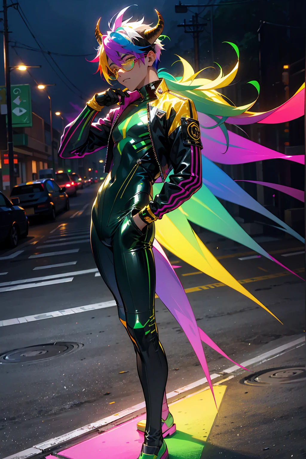 1male , Rainbow Messy Hair ,Multicolored Hair, Golden Eyes, Bull Horns , Undercut Hair , Tan Skin , Combat Gloves , Dark Green Slacks , Modern City Background , Standing on sidewalk , Hair over eyes , Holographic Glasses , Black Bodysuit , Baggy Blue Pants , Baggy Jacket 