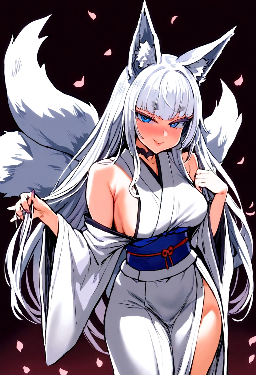 masterpiece, best quality, kitsune 1girl, solo, beautiful kitsune woman, fox ears, bangs, white hair, very long hair, blue eyes, smug, medium breasts, black choker, shoulderless kimono, white kimono, long kimono, long kimono sleeves, kimono with flower petals on it, blue sash, 5 white fox tails, white hair, looking at viewer