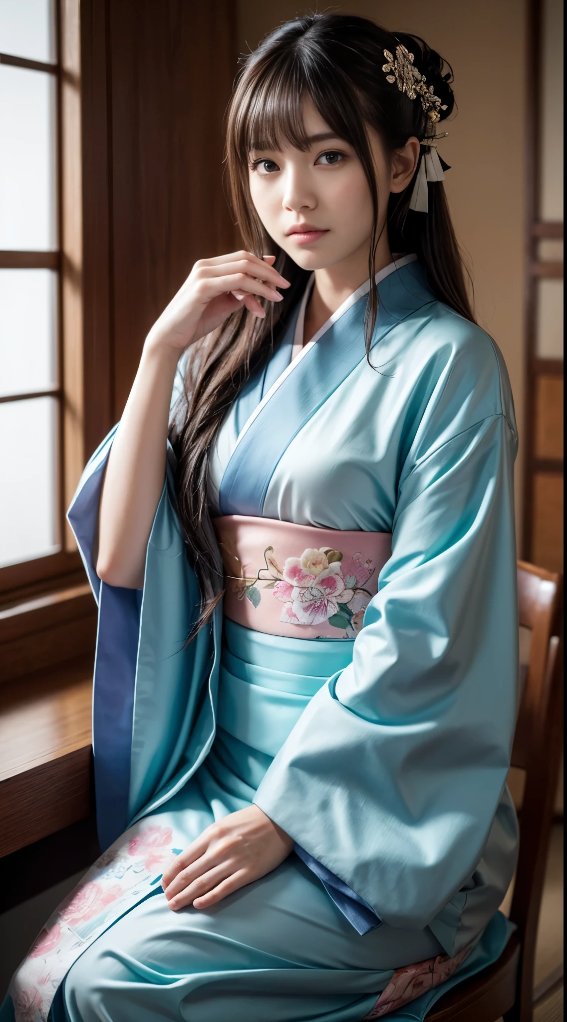(Photorealistic:1.4), (Top image quality:1.0), (超High resolution:1.0), 8K, Raw photography, (masterpiece:0.2), (Purelos Face_v1:0.5)、(最高quality Detail:1.2)、Realisticな、8K UHD、High resolution、(One Girl:1.2)、超detailedな、High quality textures、Intricate details、detailed、非常にdetailedなCG、High quality shadows、detailed 美しく繊細な顔、detailed 美しく繊細な目、Depth of written boundary、Ray Tracing,One Girl, Japanese girl, cute, thin, Japanese patterned kimono,Floral scrunchie, Beautiful Skin, Look forward,please sit down, Sit up straight「thank you」says,Put your hands together gracefully,The land of Japan smiling faintly,Japanese garden,Luxurious Japanese-style room, Magic Hour, (Realistic:1.3), 細かくdetailedに, quality, (Tabletop:1.2), (Realistic:1.2), (最高quality), (Intricate details), dramatic, Ray Tracing, photograph, +roller