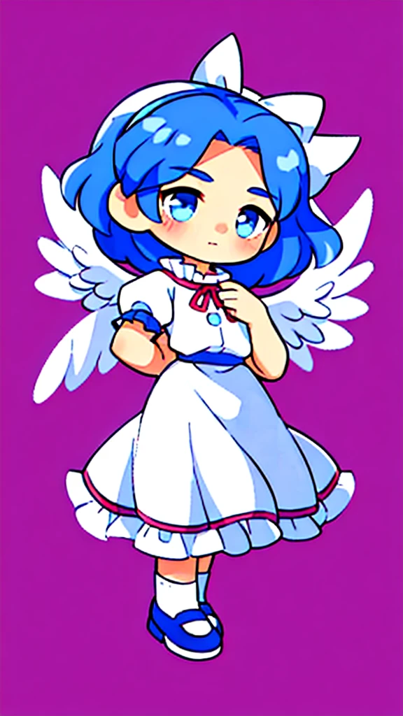 masterpiece, best quality, 1girl, , , 10 years old, medium blue hair, hair flaps, pink ribbon on head, well-formed face, blue eyes, angel girl, white blouse, puffy short sleeves, red ribbon, angel wings, long white skirt, red shoes, frills, ribbon head