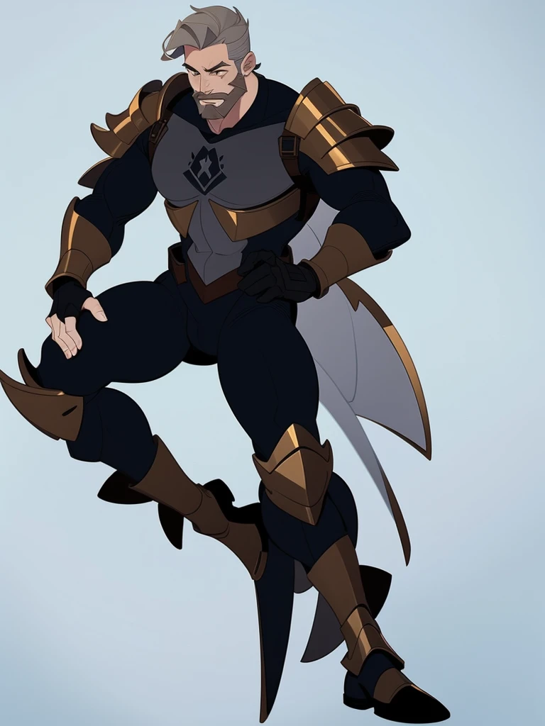Male, Human, White short hair, full body, soldier, fighter, fit build, leather brown armor, full body, gray hair and brown full beard

