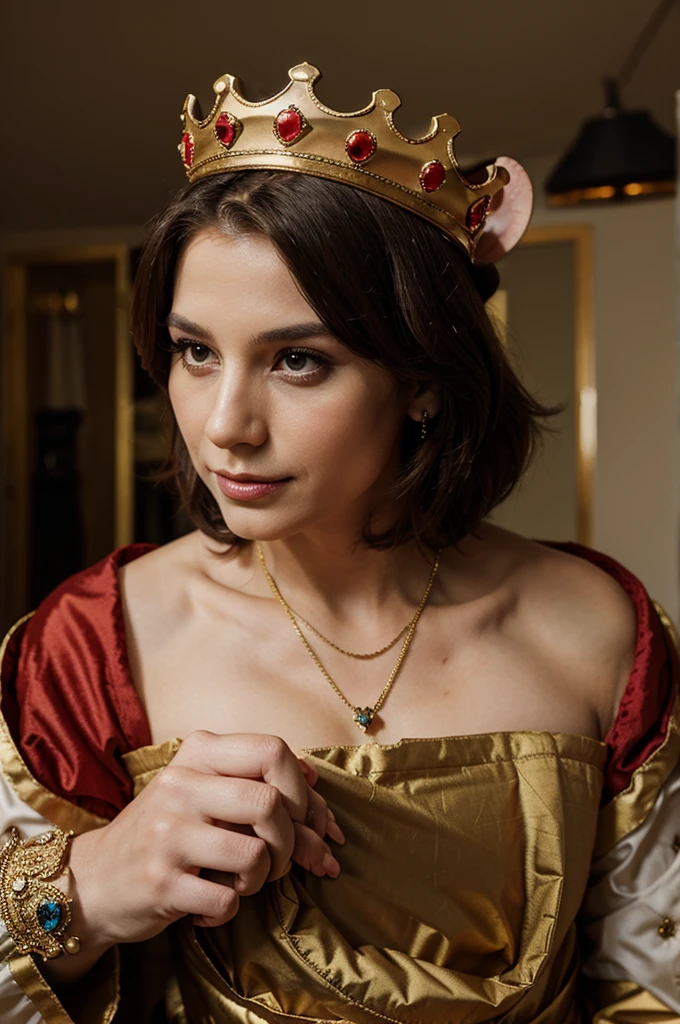 mouse wearing a crown and dressed as a king and recording a video