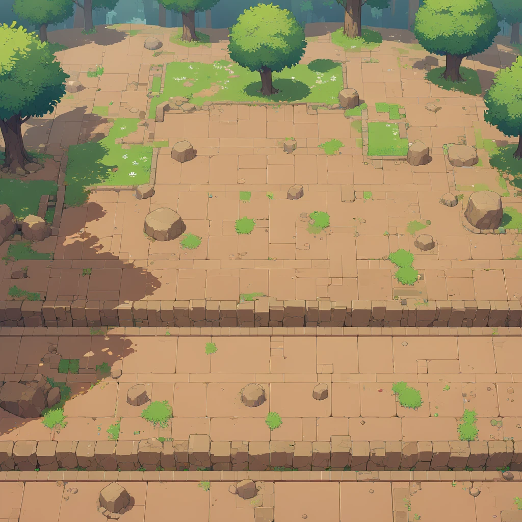retro video game style,pixelated pastel colors,8-bit characters,blocky shapes,sharp lines,detailed shading,classic gaming vibe,nostalgic atmosphere,classic arcade games,masterpiece:1.2,ultra-detailed,illustration style, 2d texture, clay texture, stone texture, 4 k seamless mud texture, video game texture, dirt texture, tileset, game tiles, clay material, flat texture, grass, trees, rock texture, rocky ground, forest, topdown view, game texture, game art, ground very detailed, dirt, floor texture, tileable texture, flowers, bushes, shrubs, intricate ground stone, top down view, 3/4th perspective