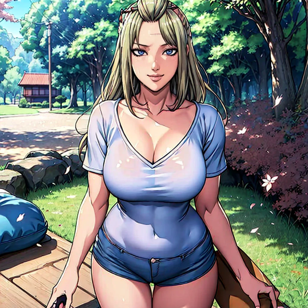 1girl, (Blue Eyes), (smiling :1.2), tsukuyo, (beautiful makeup :1.2), wide hips, Big , big ass, (Best Quality, 8k, Masterpiece: 1.3), Clear Focus: 1.2, Perfect Body Beauty: 1.4, strong abs, Highly detailed face and skin texture, detailed eyes, double eyelids, (blond long hair whit Bangs :1.2), yellow cleavage t-shirt short sleeve ,micro shorts, denim low rise shorts, standing, dynamic pose, picnic in the park, sakura trees, sakura leaves falling