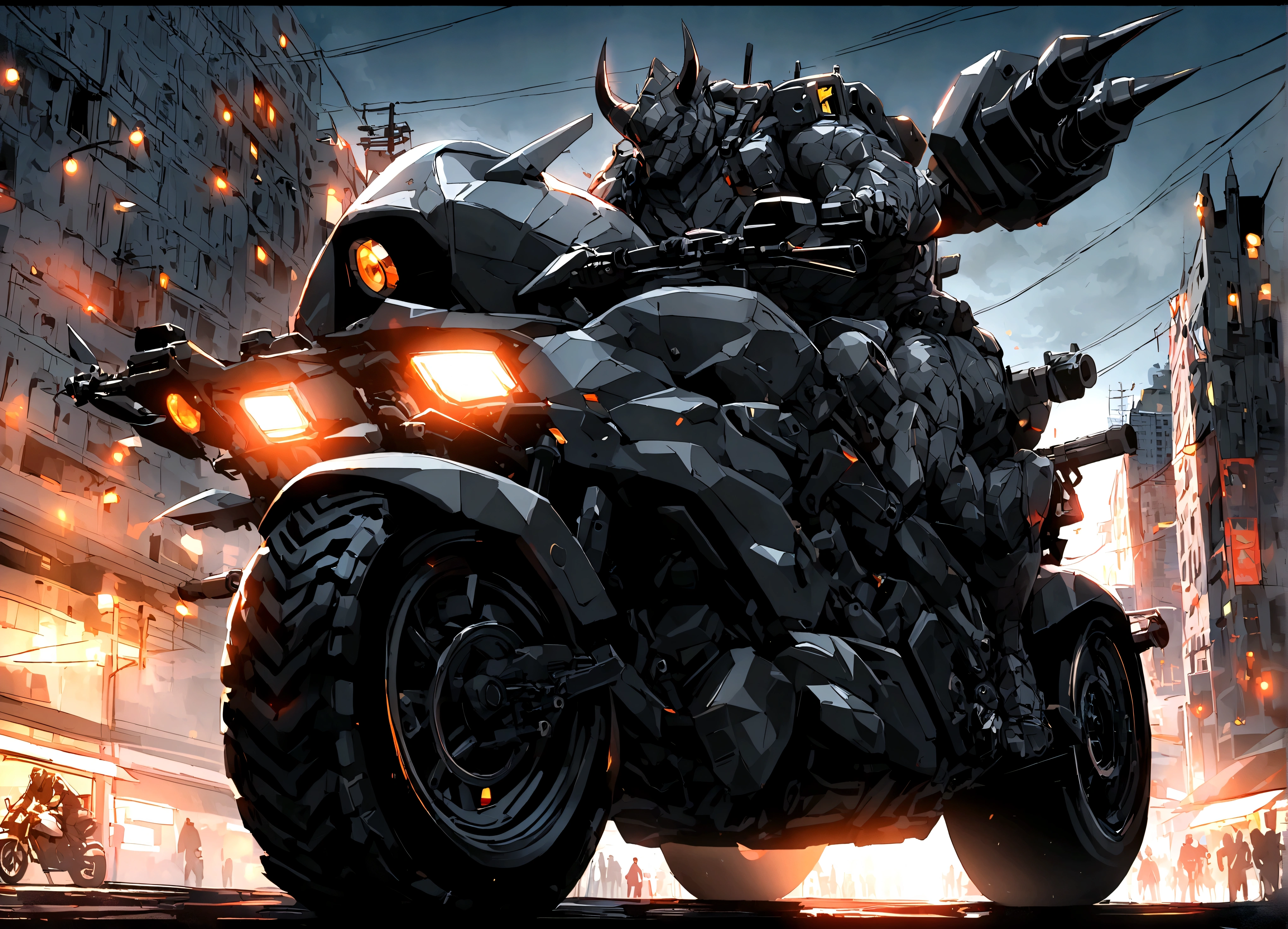 Marvel comic book villain Rhino (Gray Rhino suit) is riding on a huge scary motorcycle (Gray with black chrome, machine gun mounts, big rhino horn over headlight), downtown