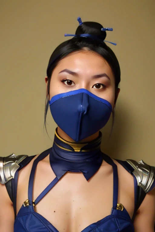 masterpiece, best quality, 1girl, kitana, mouth mask, black hair, hair bun, medium ass,small breast,yellow eyes, dark skin, shoulder armor, cleavage cutout, closeup, sketch, solo, simple background,kiss into camera,mouth mask,eyes close,hands on thigh