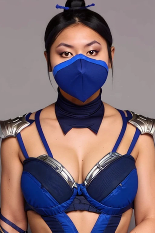 masterpiece, best quality, 1girl, kitana, mouth mask, black hair, hair bun, medium ass,small breast,yellow eyes, dark skin, shoulder armor, cleavage cutout, closeup, sketch, solo, simple background,kiss into camera,mouth mask,eyes close,hands on thigh