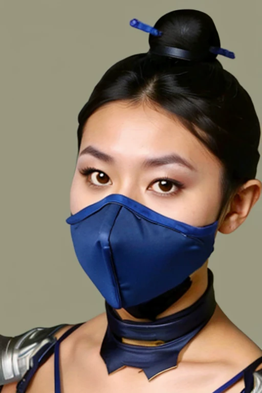 masterpiece, best quality, 1girl, kitana, mouth mask, black hair, hair bun, medium ass,small breast,yellow eyes, dark skin, shoulder armor, cleavage cutout, closeup, sketch, solo, simple background,kiss into camera,mouth mask,eyes close,hands on thigh