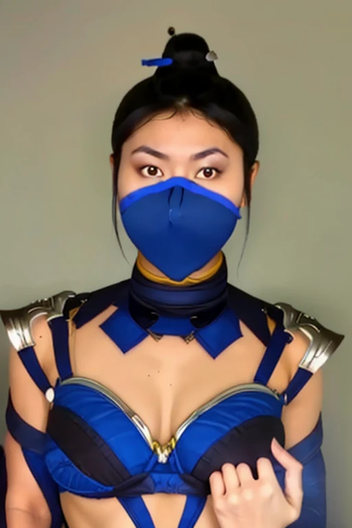 masterpiece, best quality, 1girl, kitana, mouth mask, black hair, hair bun, medium ass,small breast,yellow eyes, dark skin, shoulder armor, cleavage cutout, closeup, sketch, solo, simple background,kiss into camera,mouth mask,eyes close,hands on thigh