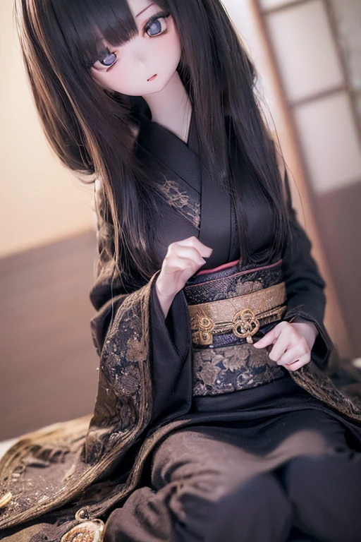 (SFW:2), photorealistic, realistic photo, ((highest quality)), ((masterpiece)), (extremely detailed), kukolnydom, doll, (mature woman, solo:1.6), ((upper body, seiza, skinny, slender, slim, parted lips, black kimono, obi, black hair, long hair,  hair ornament)), green eyes, (looking down, blank eyes, empty eyes, detailed eyes, detailed face:1.3), Japanese room, 8k