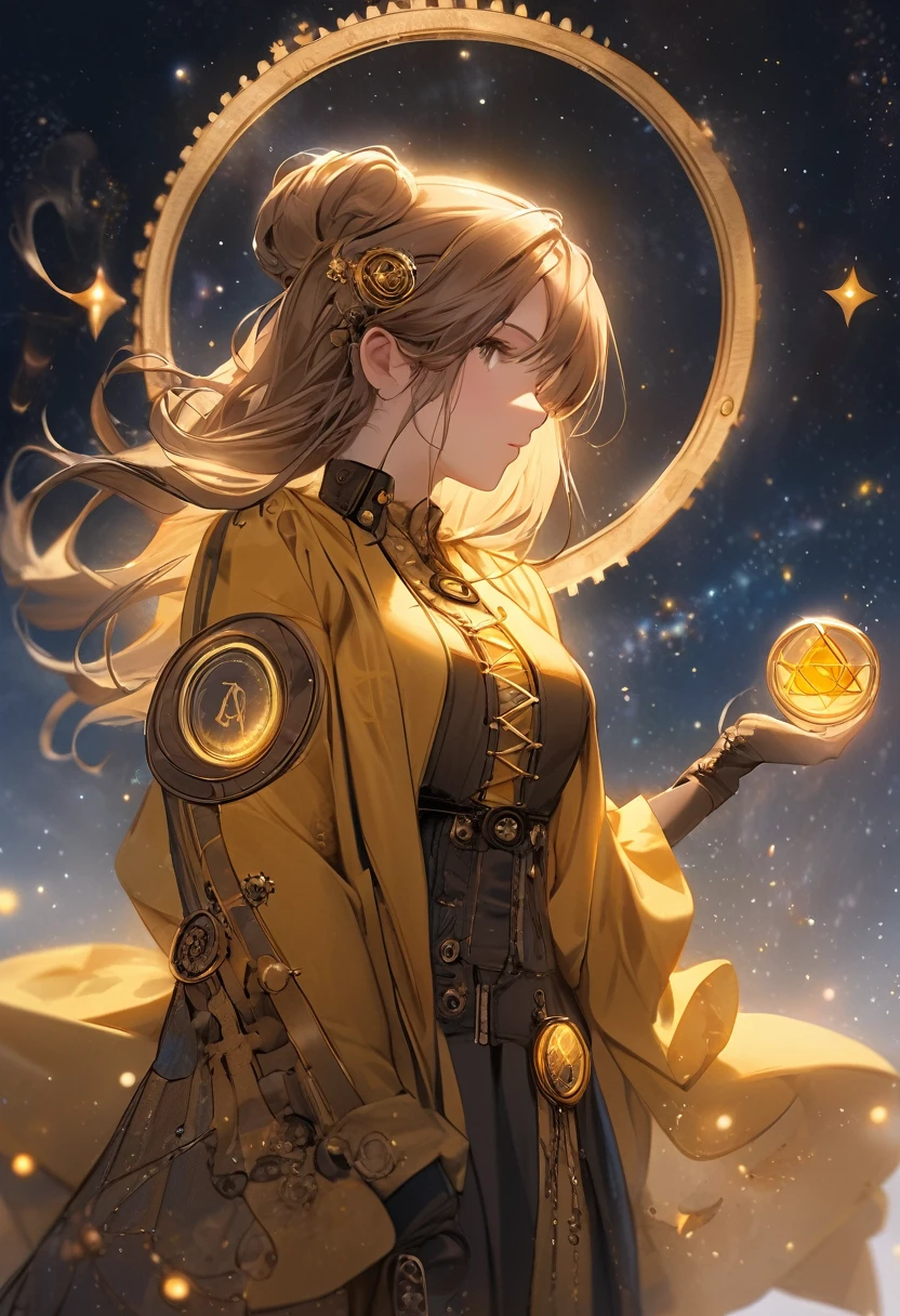 thinking , yellow steampunk robe , masterpiece , cloudly night full stars , steampunk robe , 1girl , soft light , magic rune mark , magic cirlce
