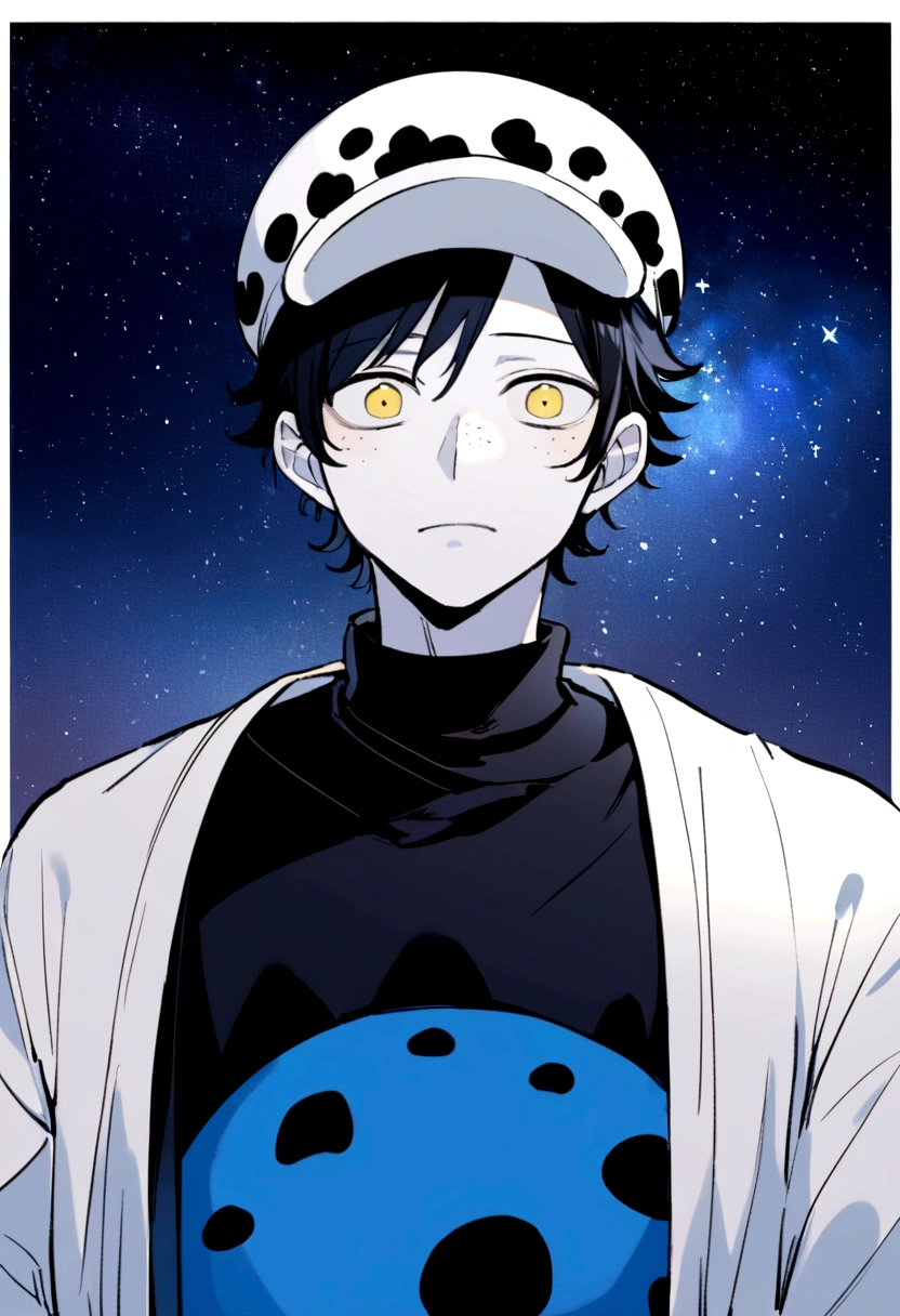 1 chico , cheered up , from onepiece , looking at the sky in amazement ,half body , looking at the stars , short wavy black hair , white skin with slight freckles , neutral eyes without shine royal blue color , black shirt , gray open sweater , white cap like Trafalgar law