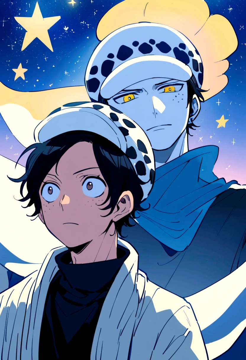 1 chico , cheered up , from onepiece , looking at the sky in amazement ,half body , looking at the stars , short wavy black hair , white skin with slight freckles , neutral eyes without shine royal blue color , black shirt , gray open sweater , white cap like Trafalgar law