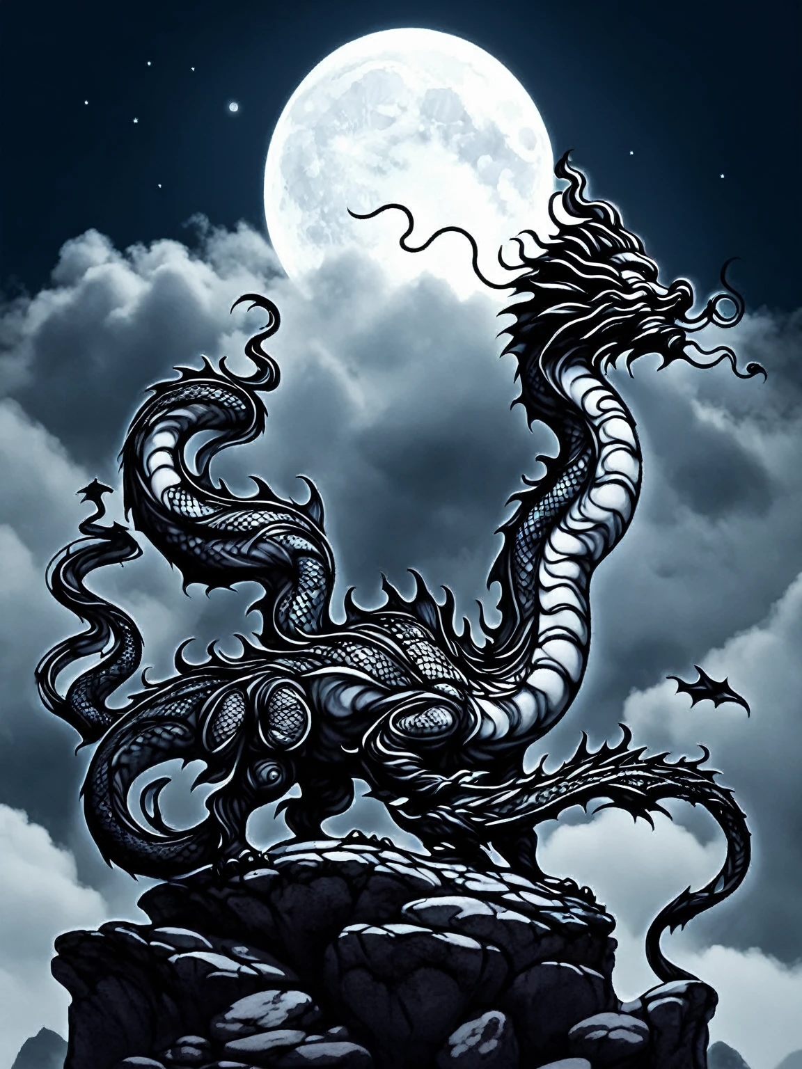 a fierce dragon perched atop a rocky cliff, its scales glistening in the moonlight. Surrounding the dragon are treasures and artifacts from long-lost civilizations, adding an air of mystery and adventure to the scene. The sky is filled with swirling clouds and the faint outline of a castle in the distance, white background