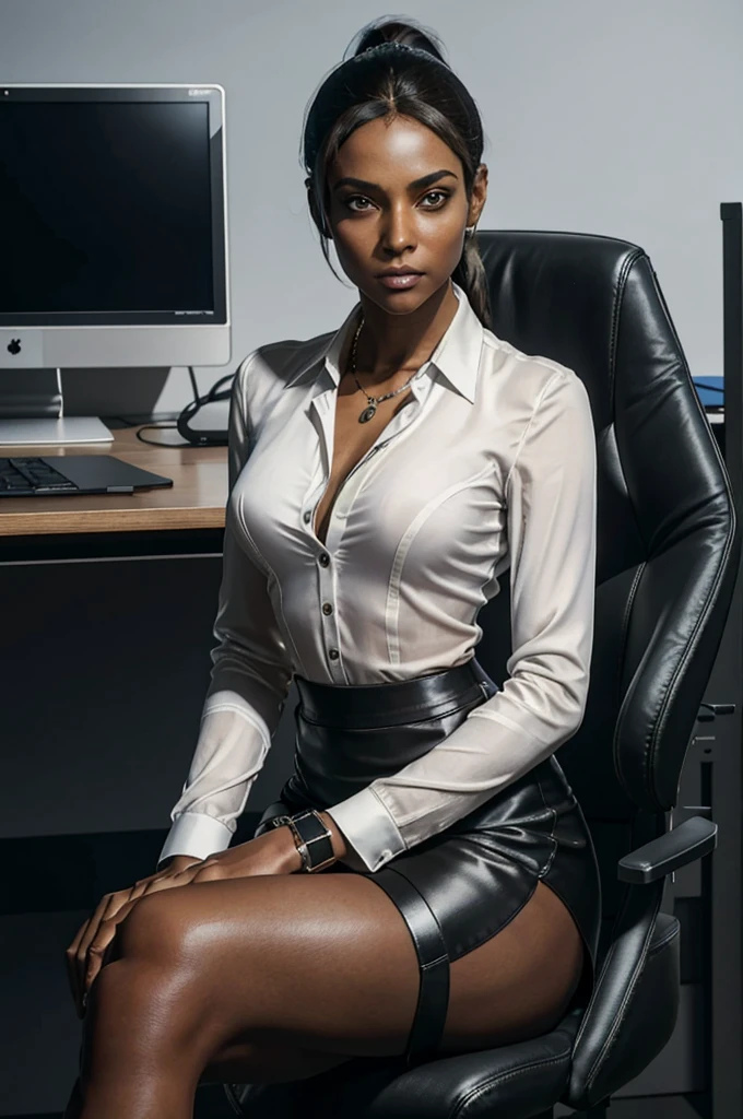 shevalomar, woman, athletic body, dark skin,gorgeous eyes, ponytail, wearing a business suit top,white silk shirt, long sleeves, black leather skirt, pantyhose,  looking at viewer,(looking into camera)
interior of high tech computer lab office, sitting, legs crossed, extreme detail, hdr, candid shot, 