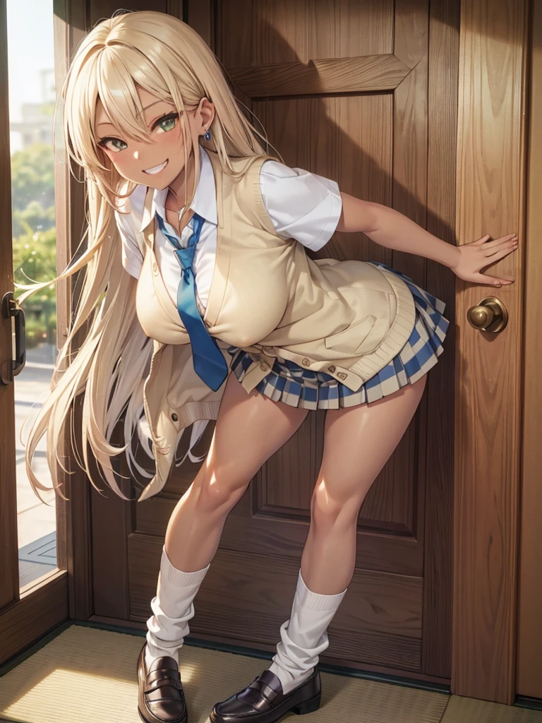 (A beautiful young Japanese woman), nsfw, Detailed Background, (((独奏))), ((Excellent anatomy: 1.2)), (Blonde, long hair), Big Tits, (dark skin:1.5), (green eyes), (Beautiful Eyes), (((Short sleeve white shirt, Beige cardigan, Blue short tie, Checkered mini skirt, loose socks, loafers))), (grin:1.4), Are standing, Earrings, door, doorway, indoors, leaning forward, opening door, Beautiful thighs,