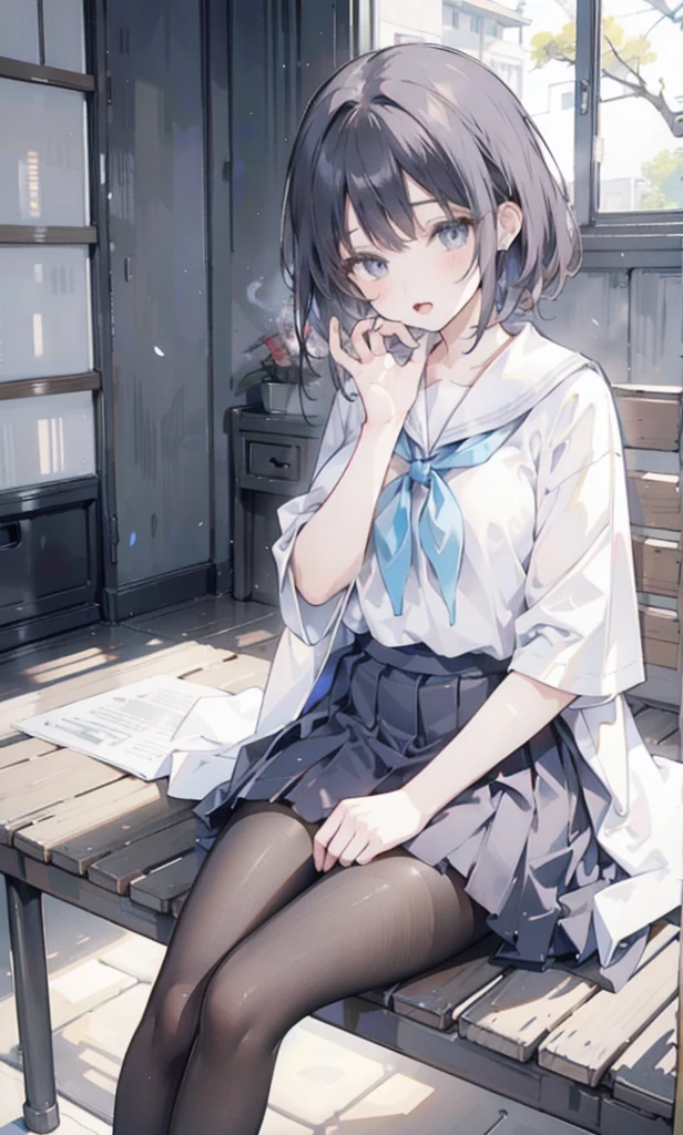 ulzzang-6500-v1.1, (RAW PHOTO:1.2), (photot-REALISTIC,:1.4), beautiful detailed girls, highly detailed eyes and faces, Beautiful Detailed Eyes, s ridiculous, unbelievably ridiculous, Huge File Size, Super Detailed, highres, very detail, sthe highest qualit, Master peace、, Kemomimi, ((Japanes girl' high school uniform)), An illustration, very detail, UHQ, unification, 8k wallpaper, splendid, Fine details, Master peace、, sthe highest qualit, very detailなUHQユニフォーム8k wallpaper, Light on the face、Movie lighting、16-year-old girl、((witheout panties))、((dynamic posing)))、(camel toes)、(Half)、(pantyhose、、、、)、(Sitting on legs bending the knees))、short haired、ple short hair、long neck、Put your ears out、bangs、bigger eyes、Lashes、a Pretty、Very cute