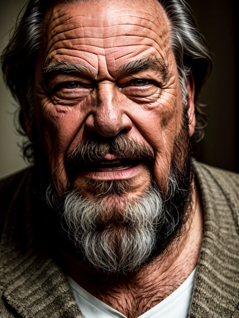 (Masterpiece, photorealistic, RAW,:1.4), (extremely intricate:1.2), close up,(old Bud Spencer) , cinematic light, side lighting, ultra high resolution, best shadow, RAW, Upper part of the body, old man, wearing sweater, 