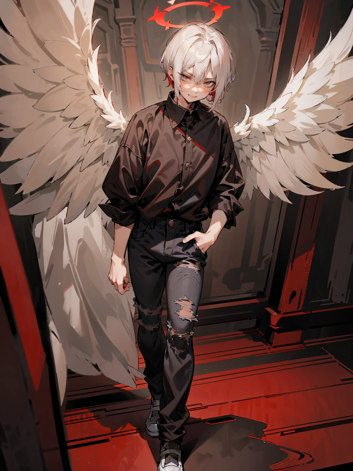 1male, Adult, Two Tone Hair, Crimson and White Hair, Short Hair, Undercut Hair, Red Angel Halo, Black Wings, Golden Eyes, Smirk, Black Flannel Shirt, Black Ripped Jeans, Standing On Path